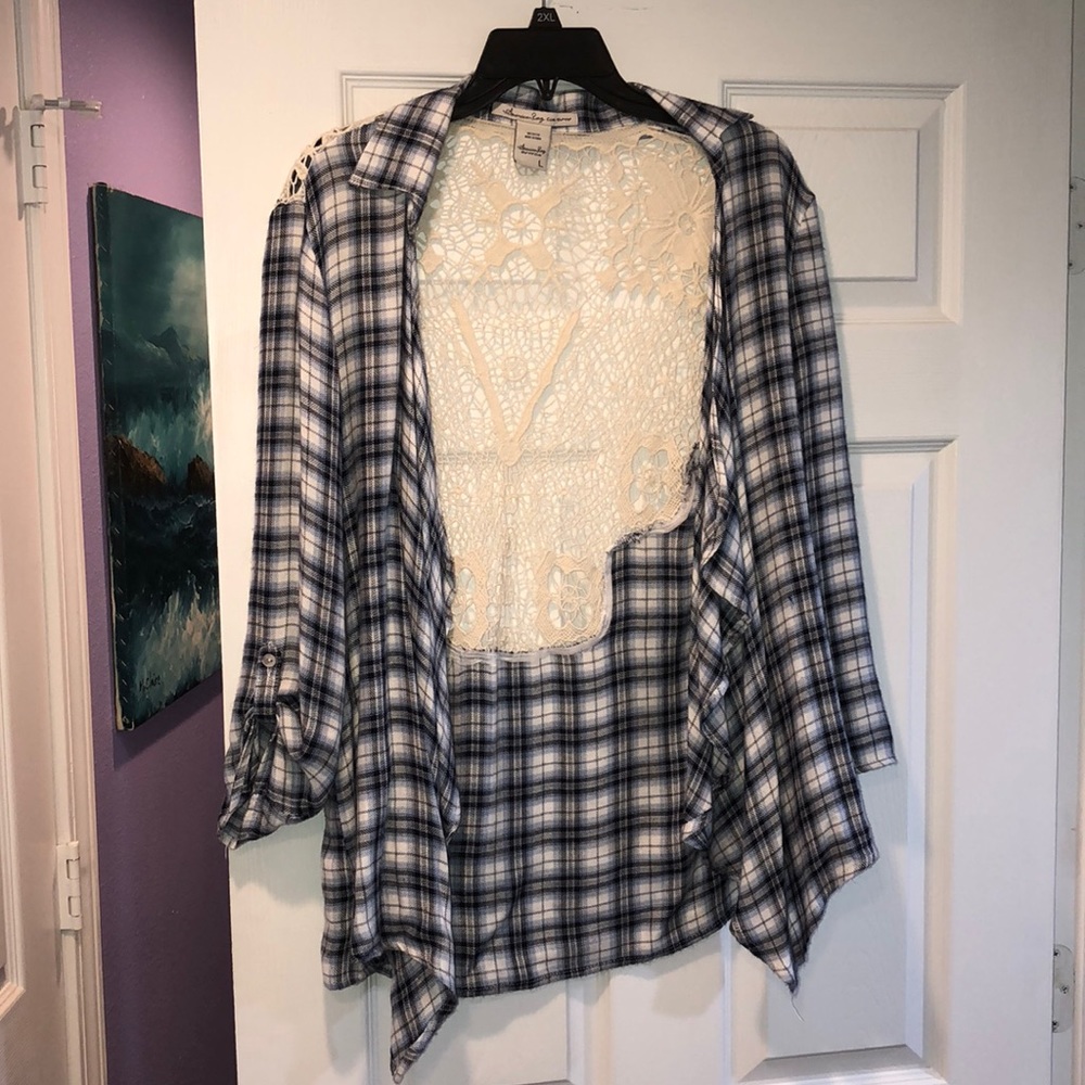 Blue Plaid Cardigan with White Lace Back